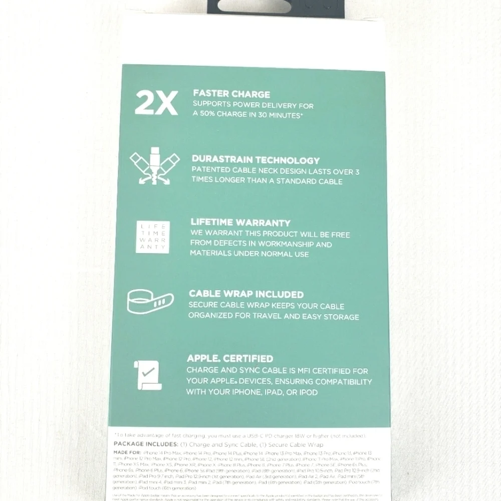 NWB iHome Green Durastrain Lightning 6ft Charging Cable to USB Type C